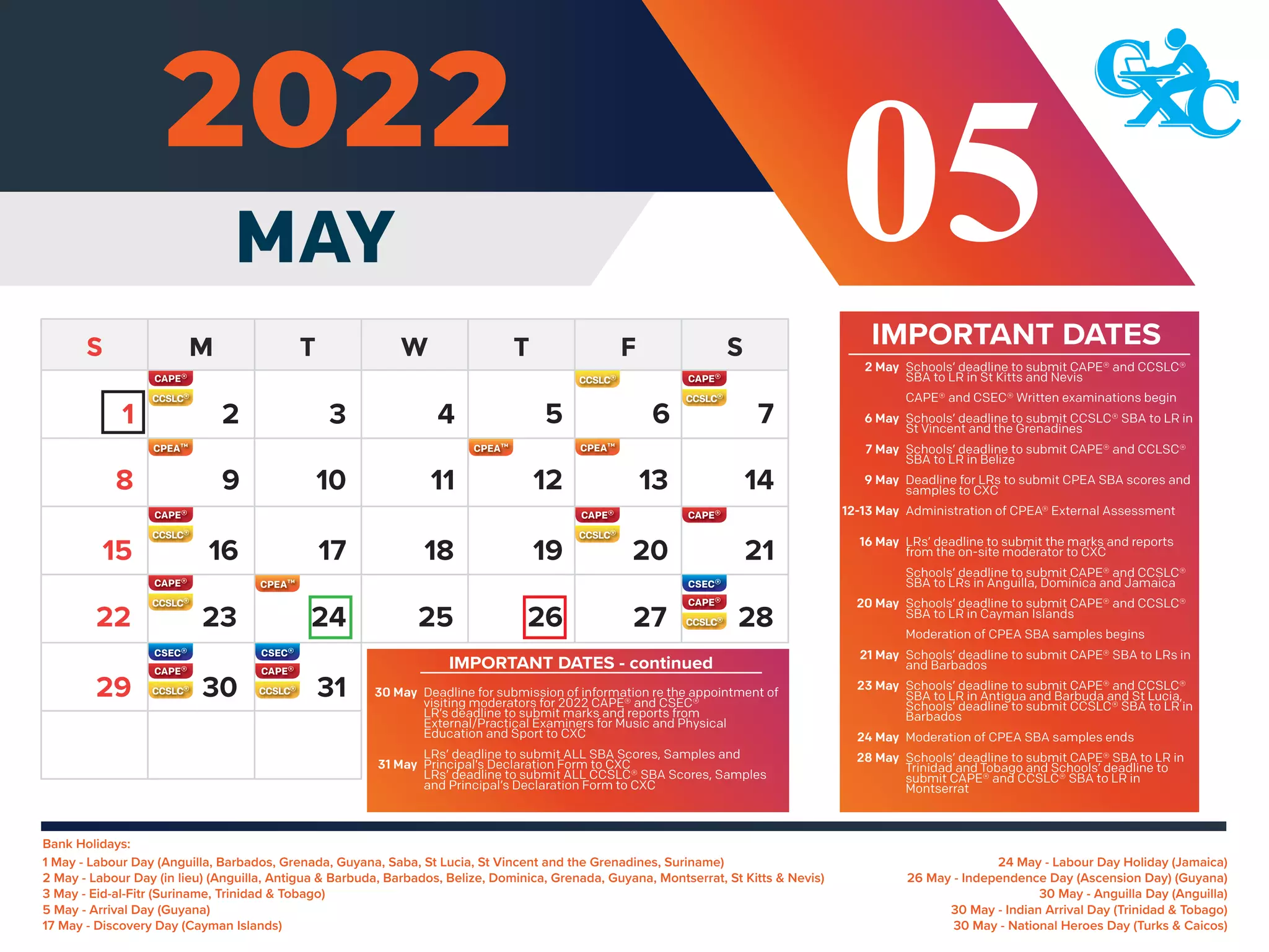 Bank Holidays:
24 May - Labour Day Holiday (Jamaica)
26 May - Independence Day (Ascension Day) (Guyana)
30 May - Anguilla Day (Anguilla)
30 May - Indian Arrival Day (Trinidad & Tobago)
30 May - National Heroes Day (Turks & Caicos)
1 May - Labour Day (Anguilla, Barbados, Grenada, Guyana, Saba, St Lucia, St Vincent and the Grenadines, Suriname)
2 May - Labour Day (in lieu) (Anguilla, Antigua & Barbuda, Barbados, Belize, Dominica, Grenada, Guyana, Montserrat, St Kitts & Nevis)
3 May - Eid-al-Fitr (Suriname, Trinidad & Tobago)
5 May - Arrival Day (Guyana)
17 May - Discovery Day (Cayman Islands)
IMPORTANT DATES
MAY 05
6 7
8 9 10 11 12 13 14
15 16 17 18 19 21
20
22 23 24 25 26 27 28
29 30 31
2
1 3 4 5
Schools’ deadline to submit CAPE® and CCSLC®
SBA to LR in St Kitts and Nevis
CAPE® and CSEC® Written examinations begin
Schools’ deadline to submit CCSLC® SBA to LR in
St Vincent and the Grenadines
Schools’ deadline to submit CAPE® and CCLSC®
SBA to LR in Belize
Deadline for LRs to submit CPEA SBA scores and
samples to CXC
Administration of CPEA® External Assessment
LRs’ deadline to submit the marks and reports
from the on-site moderator to CXC
Schools’ deadline to submit CAPE® and CCSLC®
SBA to LRs in Anguilla, Dominica and Jamaica
Schools’ deadline to submit CAPE® and CCSLC®
SBA to LR in Cayman Islands
Moderation of CPEA SBA samples begins
Schools’ deadline to submit CAPE® SBA to LRs in
and Barbados
Schools’ deadline to submit CAPE® and CCSLC®
SBA to LR in Antigua and Barbuda and St Lucia,
Schools’ deadline to submit CCSLC® SBA to LR in
Barbados
Moderation of CPEA SBA samples ends
Schools’ deadline to submit CAPE® SBA to LR in
Trinidad and Tobago and Schools’ deadline to
submit CAPE® and CCSLC® SBA to LR in
Montserrat
2 May
6 May
7 May
9 May
12-13 May
16 May
20 May
21 May
23 May
24 May
28 May
IMPORTANT DATES - continued
Deadline for submission of information re the appointment of
visiting moderators for 2022 CAPE® and CSEC®
LR’s deadline to submit marks and reports from
External/Practical Examiners for Music and Physical
Education and Sport to CXC
LRs’ deadline to submit ALL SBA Scores, Samples and
Principal’s Declaration Form to CXC
LRs’ deadline to submit ALL CCSLC® SBA Scores, Samples
and Principal’s Declaration Form to CXC
30 May
31 May
 