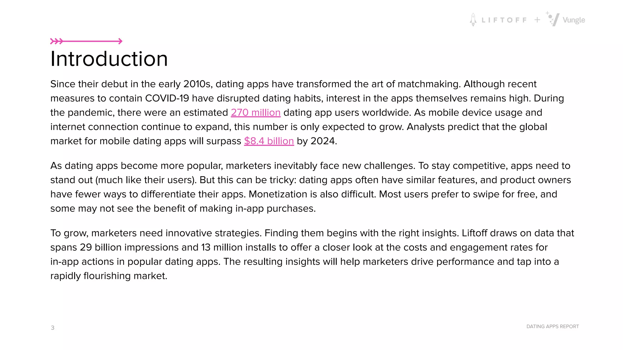 DATING APPS REPORT
Since their debut in the early 2010s, dating apps have transformed the art of matchmaking. Although recent
measures to contain COVID-19 have disrupted dating habits, interest in the apps themselves remains high. During
the pandemic, there were an estimated 270 million dating app users worldwide. As mobile device usage and
internet connection continue to expand, this number is only expected to grow. Analysts predict that the global
market for mobile dating apps will surpass $8.4 billion by 2024.
As dating apps become more popular, marketers inevitably face new challenges. To stay competitive, apps need to
stand out (much like their users). But this can be tricky: dating apps often have similar features, and product owners
have fewer ways to diﬀerentiate their apps. Monetization is also diﬃcult. Most users prefer to swipe for free, and
some may not see the beneﬁt of making in-app purchases.
To grow, marketers need innovative strategies. Finding them begins with the right insights. Liftoﬀ draws on data that
spans 29 billion impressions and 13 million installs to oﬀer a closer look at the costs and engagement rates for
in-app actions in popular dating apps. The resulting insights will help marketers drive performance and tap into a
rapidly ﬂourishing market.
Introduction
3
Introduction
 