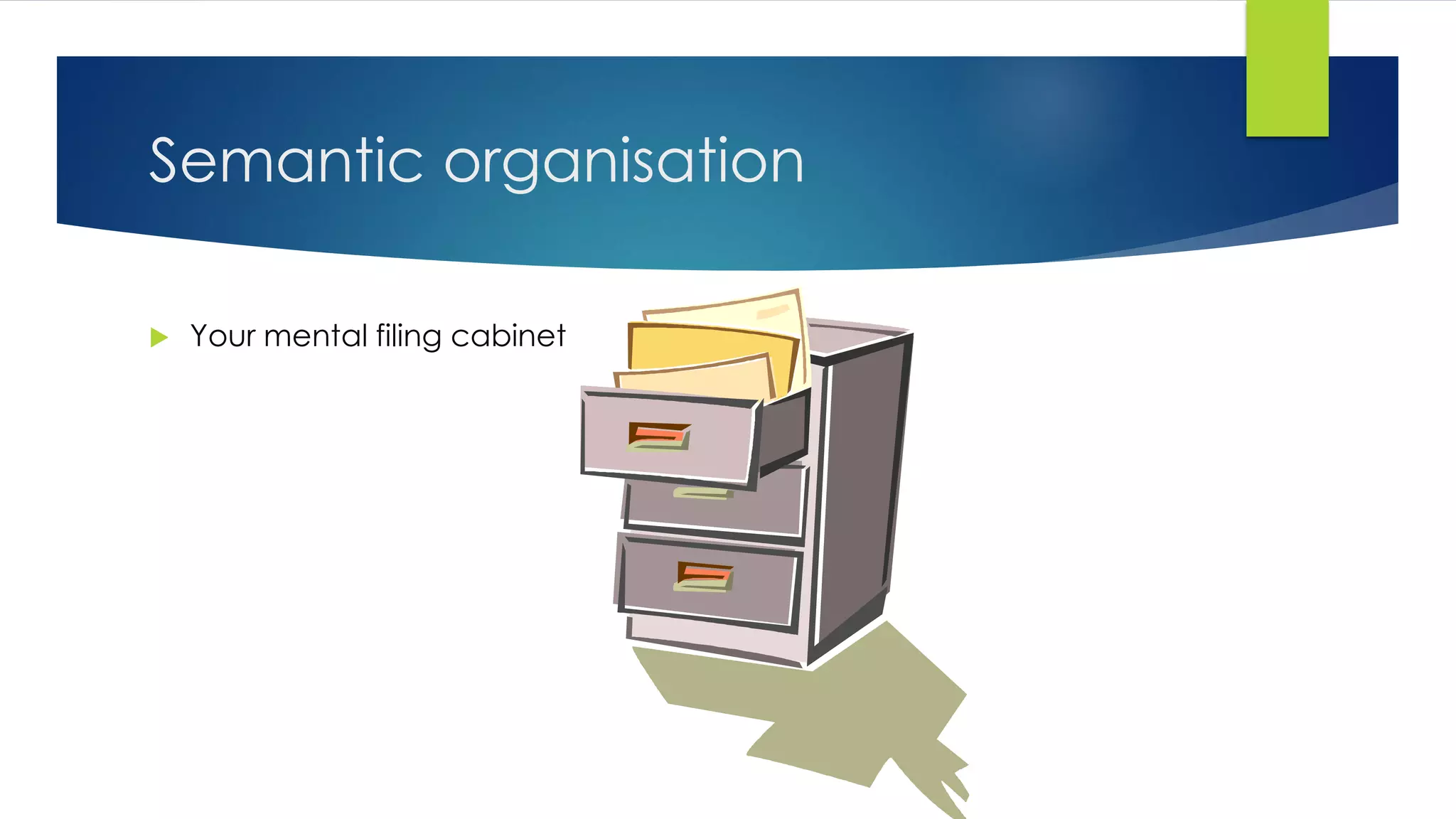  Your mental filing cabinet
Semantic organisation
 