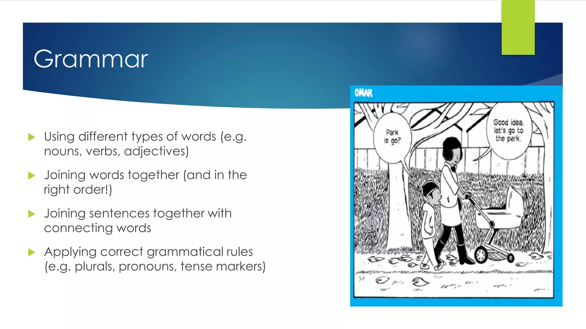 Grammar
 Using different types of words (e.g.
nouns, verbs, adjectives)
 Joining words together (and in the
right order!)
 Joining sentences together with
connecting words
 Applying correct grammatical rules
(e.g. plurals, pronouns, tense markers)
 