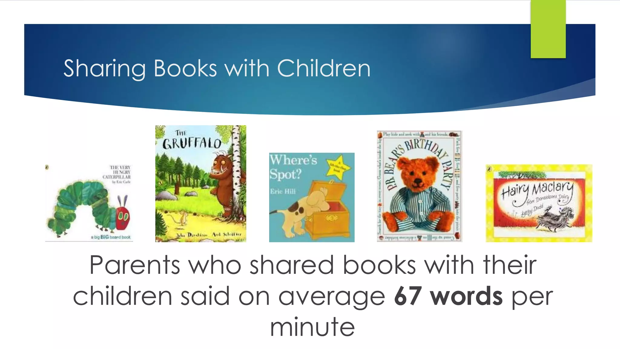 Sharing Books with Children
Parents who shared books with their
children said on average 67 words per
minute
 
