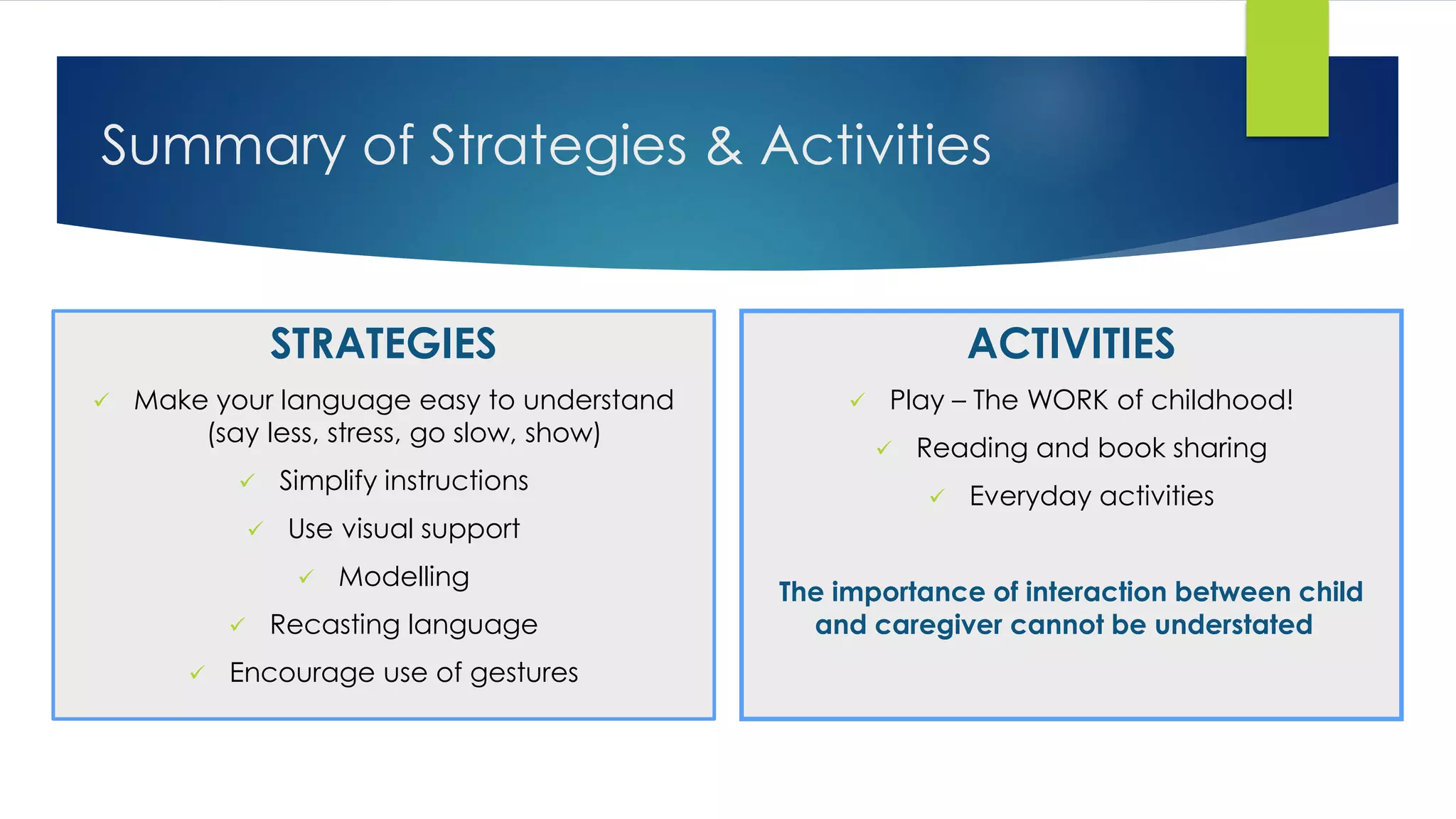 Summary of Strategies & Activities
STRATEGIES
 Make your language easy to understand
(say less, stress, go slow, show)
 Simplify instructions
 Use visual support
 Modelling
 Recasting language
 Encourage use of gestures
ACTIVITIES
 Play – The WORK of childhood!
 Reading and book sharing
 Everyday activities
The importance of interaction between child
and caregiver cannot be understated
 