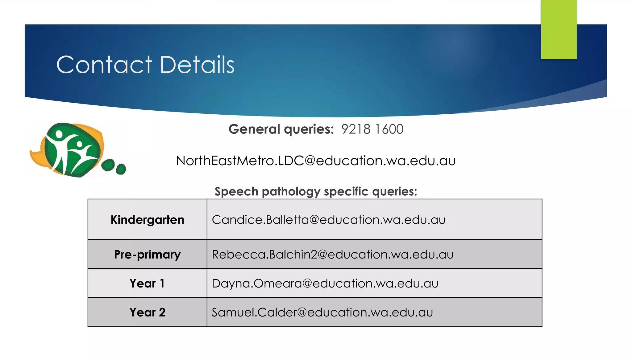General queries: 9218 1600
NorthEastMetro.LDC@education.wa.edu.au
Speech pathology specific queries:
Contact Details
Kindergarten Candice.Balletta@education.wa.edu.au
Pre-primary Rebecca.Balchin2@education.wa.edu.au
Year 1 Dayna.Omeara@education.wa.edu.au
Year 2 Samuel.Calder@education.wa.edu.au
 