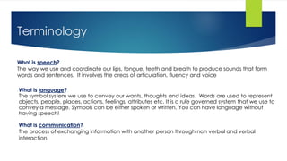 Terminology
What is language?
The symbol system we use to convey our wants, thoughts and ideas. Words are used to represent
objects, people, places, actions, feelings, attributes etc. It is a rule governed system that we use to
convey a message. Symbols can be either spoken or written. You can have language without
having speech!
What is speech?
The way we use and coordinate our lips, tongue, teeth and breath to produce sounds that form
words and sentences. It involves the areas of articulation, fluency and voice
What is communication?
The process of exchanging information with another person through non verbal and verbal
interaction
 