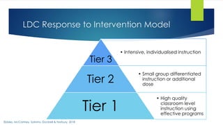 LDC Response to Intervention Model
• Intensive, individualised instruction
Tier 3
• Small group differentiated
instruction or additional
dose
Tier 2
• High quality
classroom level
instruction using
effective programs
Tier 1
((Ebbles, McCartney, Solnims, Dockrell & Norbury, 2018
 