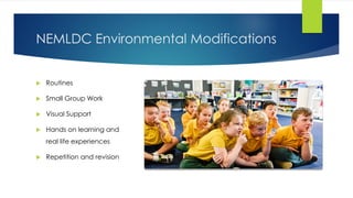  Routines
 Small Group Work
 Visual Support
 Hands on learning and
real life experiences
 Repetition and revision
NEMLDC Environmental Modifications
 