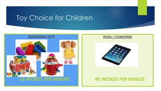 Toy Choice for Children
TRADITIONAL TOYS IPADS / COMPUTERS
56 WORDS PER MINUTE 40 WORDS PER MINUTE
 