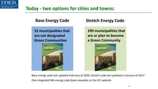 Today - two options for cities and towns:
8
Base Energy Code
52 municipalities that
are not designated
Green Communities
Stretch Energy Code
299 municipalities that
are or plan to become
a Green Community
Base energy code last updated February of 2020, Stretch code last updated in January of 2017
One integrated MA energy code book viewable on the ICC website
 