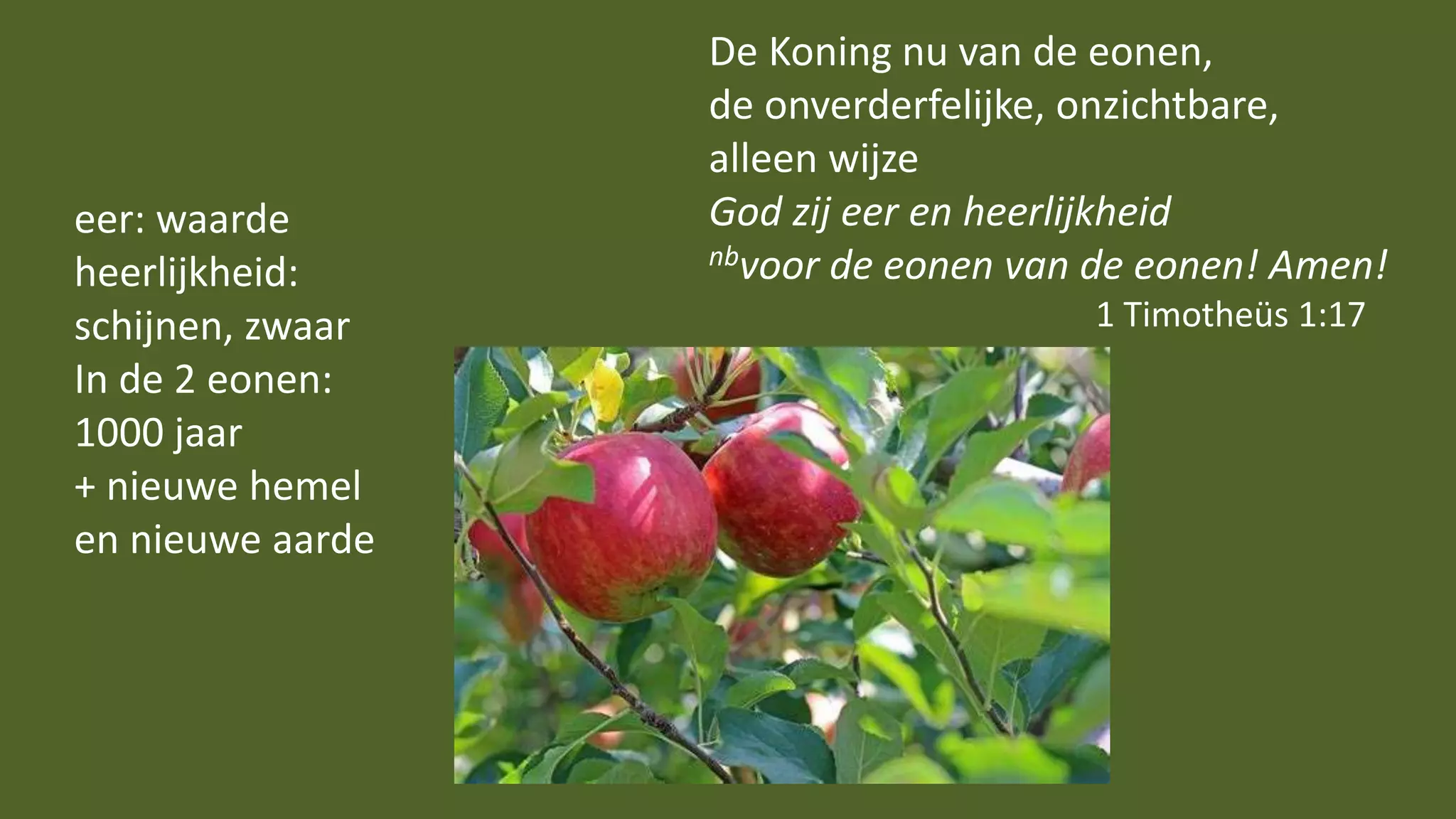De Koning nu van de eonen,
de onverderfelijke, onzichtbare,
alleen wijze
God zij eer en heerlijkheid
nbvoor de eonen van de eonen! Amen!
1 Timotheüs 1:17
eer: waarde
heerlijkheid:
schijnen, zwaar
In de 2 eonen:
1000 jaar
+ nieuwe hemel
en nieuwe aarde
 