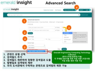Advanced Search
1. 콘텐츠 유형 선택
2. 검색필드 추가
3. 검색필드 제한하여 정확한 검색결과 도출
4. 발행일로 검색범위 제한
5. 우리 도서관에서 구독하는 콘텐츠로 검색범위 제한 가능
3
1
2
4
4
5
Emerald Engineering Computing Technology
Collection
[엔지니어링/컴퓨팅/기술]
각 주제별 전문가를 위한 저널 70종 (이전서명
저널 포함) 원문 이용 가능
 
