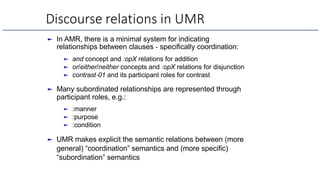 Discourse relations in UMR
► In AMR, there is a minimal system for indicating
relationships between clauses - specifically coordination:
► and concept and :opX relations for addition
► or/either/neither concepts and :opX relations for disjunction
► contrast-01 and its participant roles for contrast
► Many subordinated relationships are represented through
participant roles, e.g.:
► :manner
► :purpose
► :condition
► UMR makes explicit the semantic relations between (more
general) “coordination” semantics and (more specific)
“subordination” semantics
 