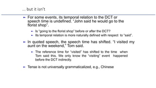 ... but it isn’t
► For some events, its temporal relation to the DCT or
speech time is undefined. “John said he would go to the
florist shop”.
► Is “going to the florist shop” before or after the DCT?
► Its temporal relation is more naturally defined with respect to “said”.
► In quoted speech, the speech time has shifted. “I visited my
aunt on the weekend,” Tom said.
► The reference time for “visited” has shifted to the time when
Tom said this. We only know the “visiting” event happened
before the DCT indirectly.
► Tense is not universally grammaticalized, e.g., Chinese
 