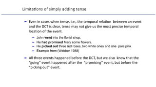 Limita9ons of simply adding tense
► Even in cases when tense, i.e., the temporal relation between an event
and the DCT is clear, tense may not give us the most precise temporal
location of the event.
► John went into the florist shop.
► He had promised Mary some flowers.
► He picked out three red roses, two white ones and one pale pink
► Example from (Webber 1988)
► All three events happened before the DCT, but we also know that the
“going” event happened after the “promising” event, but before the
“picking out” event.
 