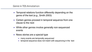 Genre in TDS Annotation
► Temporal relations function differently depending on the
genre of the text (e.g., Smith 2003)
► Certain genres proceed in temporal sequence from one
clause to the next
► While other genres involve generally non-sequenced
events
► News stories are a special type
► many events are temporally sequenced
► temporal sequence does not match with sequencing in the text
 