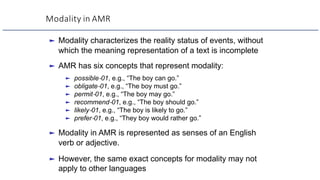 Modality in AMR
► Modality characterizes the reality status of events, without
which the meaning representation of a text is incomplete
► AMR has six concepts that represent modality:
► possible-01, e.g., “The boy can go.”
► obligate-01, e.g., “The boy must go.”
► permit-01, e.g., “The boy may go.”
► recommend-01, e.g., “The boy should go.”
► likely-01, e.g., “The boy is likely to go.”
► prefer-01, e.g., “They boy would rather go.”
► Modality in AMR is represented as senses of an English
verb or adjective.
► However, the same exact concepts for modality may not
apply to other languages
 