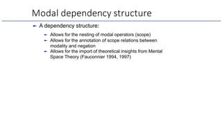 Modal dependency structure
► A dependency structure:
► Allows for the nesting of modal operators (scope)
► Allows for the annotation of scope relations between
modality and negation
► Allows for the import of theoretical insights from Mental
Space Theory (Fauconnier 1994, 1997)
 