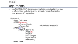 Implicit
arguments
► Like MS-AMRs, UMR also annotates implicit arguments when they can
be inferred from context and can be annotated for coreference like
overt (pronominal) expressions
(s3d / deny-01
:Aspect Performance
:ARG0 (s3p / person
:ref-number Singular
:ref-person 3rd)
:ARG1 (s3t / thing
:ARG1-of (s3d2 / do-02
:ARG0 s3p
:ARG1-of
(s3w / wrong-02)
:aspect Process
:modpred s3d))
:modstr FullAff)
“He denied any wrongdoing”
 