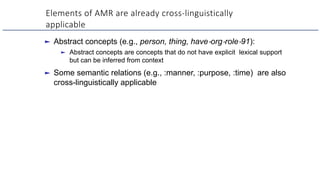 Elements of AMR are already cross-linguistically
applicable
► Abstract concepts (e.g., person, thing, have-org-role-91):
► Abstract concepts are concepts that do not have explicit lexical support
but can be inferred from context
► Some semantic relations (e.g., :manner, :purpose, :time) are also
cross-linguistically applicable
 