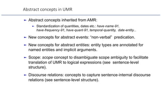 Abstract concepts in UMR
► Abstract concepts inherited from AMR:
► Standardization of quantities, dates etc.: have-name-91,
have-frequency-91, have-quant-91, temporal-quantity, date-entity...
► New concepts for abstract events: “non-verbal” predication.
► New concepts for abstract entities: entity types are annotated for
named entities and implicit arguments.
► Scope: scope concept to disambiguate scope ambiguity to facilitate
translation of UMR to logical expressions (see sentence-level
structure).
► Discourse relations: concepts to capture sentence-internal discourse
relations (see sentence-level structure).
 