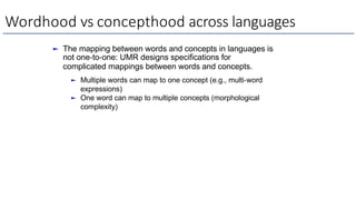 Wordhood vs concepthood across languages
► The mapping between words and concepts in languages is
not one-to-one: UMR designs specifications for
complicated mappings between words and concepts.
► Multiple words can map to one concept (e.g., multi-word
expressions)
► One word can map to multiple concepts (morphological
complexity)
 