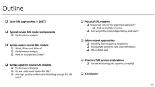 167
Outline
q Early SRL approaches [< 2017]
q Typical neural SRL model components
q Performance analysis
q Syntax-aware neural SRL models
q What, When and Where?
q Performance analysis
q How to incorporate Syntax?
q Syntax-agnostic neural SRL models
q Performance Analysis
q Do we really need syntax for SRL?
q Are high quality contextual embedding enough for SRL
task?
q Practical SRL systems
q Should we rely on this pipelined approach?
q End-to-end SRL systems
q Can we jointly predict dependency and span?
q More recent approaches
q Handling low-frequency exceptions
q Incorporate semantic role label definitions
q SRL as MRC task
q Practical SRL system evaluations
q Are we evaluating SRL systems correctly?
q Conclusion
 
