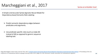A Simple and Accurate Syntax-Agnostic Neural Model for
Dependency-based Semantic Role Labeling
Marcheggiani et al., 2017
Ø Predict semantic dependency edges between
predicates and arguments.
Ø Use predicate-specific roles (such as make-A0
instead of A0) as opposed to generic sequence
labeling task.
184
Syntax at embedder level
Diego Marcheggiani, Anton Frolov, and Ivan Titov. 2017. A Simple and Accurate Syntax-Agnostic Neural Model for Dependency-based Semantic Role Labeling. In Proceedings of the 21st
Conference on Computational Natural Language Learning (CoNLL 2017), pages 411–420, Vancouver, Canada. Association for Computational Linguistics.
 