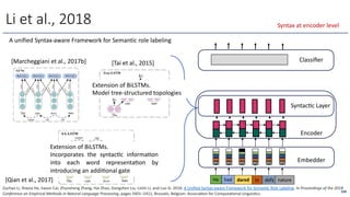 A unified Syntax-aware Framework for Semantic role labeling
Li et al., 2018
He had dared to defy nature
Wp
Wr
PO
Le
Wp
Wr
PO
Le
Wp
Wr
PO
Le
Wp
Wr
PO
Le
Wp
Wr
PO
Le
Wp
Wr
PO
Le
Embedder
Encoder
Classiﬁer
SyntacOc Layer
[Marcheggiani et al., 2017b] [Tai et al., 2015]
199
Zuchao Li, Shexia He, Jiaxun Cai, Zhuosheng Zhang, Hai Zhao, Gongshen Liu, Linlin Li, and Luo Si. 2018. A Uniﬁed Syntax-aware Framework for SemanAc Role Labeling. In Proceedings of the 2018
Conference on Empirical Methods in Natural Language Processing, pages 2401–2411, Brussels, Belgium. AssociaAon for ComputaAonal LinguisAcs.
[Qian et al., 2017]
Syntax at encoder level
Extension of BiLSTMs.
Incorporates the syntacOc informaOon
into each word representaOon by
introducing an addiOonal gate
Extension of BiLSTMs.
Model tree-structured topologies
 