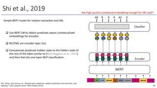 Simple BERT model for relaOon extracOon and SRL
Shi et al., 2019
He had dared to defy nature
Encoder
Classifier
A0 0 0 0 A2 0
BERT
[CLS] [SEP] dared [SEP]
q Use BERT LM to obtain predicate-aware contextualized
embeddings for encoder.
q BiLSTMs are encoder layer (1x)
q Concatenate predicate hidden state to the hidden state of
the rest of the tokes similar to [Marcheggiani et al., 2017]
and then fed into one-layer MLP classiﬁcaOon.
219
Shi, Peng, and Jimmy Lin. "Simple bert models for relation extraction and semantic role
labeling." arXiv preprint arXiv:1904.05255 (2019).
Are high quality contextual embedding enough for SRL task?
 