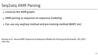 ❏ Linearize the AMR graphs
❏ AMR parsing as sequence-to-sequence modeling
❏ Can use any seq2seq method and pre-training method (BART, etc)
Konstas et al. Neural AMR: Sequence-to-Sequence Models for Parsing and Genera<on. ACL 2017.
inter alia.
Seq2seq AMR Parsing
268
 