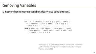 ❏ Rather than removing variables (lossy) use special tokens
Removing Variables
272
Bevilacqua et al. One SPRING to Rule Them Both: Symmetric
AMR SemanOc Parsing and GeneraOon without a Complex
Pipeline. AAAI 2021
 