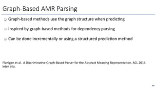 ❏ Graph-based methods use the graph structure when predicLng
❏ Inspired by graph-based methods for dependency parsing
❏ Can be done incrementally or using a structured predicLon method
Flanigan et al. A Discrimina<ve Graph-Based Parser for the Abstract Meaning Representa<on. ACL 2014.
inter alia.
Graph-Based AMR Parsing
283
 