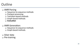 ❏ AMR Parsing
❏ Sequence-to-sequence methods
❏ Pre/post processing
❏ Transi=on-based methods
❏ Graph-based methods
❏ Evalua>on
❏ AMR GeneraLon:
❏ Sequence-to-sequence methods
❏ Graph-based methods
❏ Silver data
❏ Pre-training
Outline
288
 