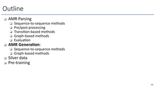 ❏ AMR Parsing
❏ Sequence-to-sequence methods
❏ Pre/post processing
❏ Transi=on-based methods
❏ Graph-based methods
❏ Evalua=on
❏ AMR GeneraMon:
❏ Sequence-to-sequence methods
❏ Graph-based methods
❏ Silver data
❏ Pre-training
Outline
291
 