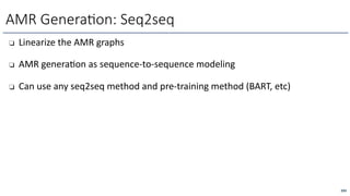 ❏ Linearize the AMR graphs
❏ AMR generaLon as sequence-to-sequence modeling
❏ Can use any seq2seq method and pre-training method (BART, etc)
AMR Genera6on: Seq2seq
293
 