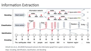Informa6on Extrac6on
•OneIE [Lin et al., ACL2020] framework extracts the information graph from a given sentence in four
steps: encoding, identification, classification, and decoding
 