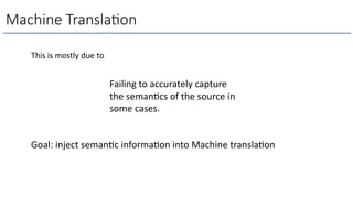 Machine Transla6on
Goal: inject semanLc informaLon into Machine translaLon
This is mostly due to
Failing to accurately capture
the semanLcs of the source in
some cases.
 
