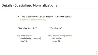 Details- Specialized Normaliza3ons
• We also have special entity types we use for
normalizable entities.
4
8
(d / date-entity
:weekday (t / tuesday)
:day 19)
(m / monetary-quantity
:unit dollar
:quant 5)
“Tuesday the 19th” “ﬁve bucks”
 