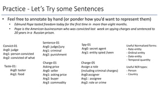 Practice - Let’s Try some Sentences
• Feel free to annotate by hand (or ponder how you’d want to represent them)
• Edmund Pope tasted freedom today for the ﬁrst 3me in more than eight months.
• Pope is the American businessman who was convicted last week on spying charges and sentenced to
20 years in a Russian prison.
Taste-01:
Arg0: taster
Arg1: food
Useful Normalized forms:
- Rate-en5ty
- Ordinal-en5ty
- Date-en5ty
- Temporal-quan5ty
Useful NER types:
- Person
- Country
Convict-01
Arg0: judge
Arg1: person convicted
Arg2: convicted of what
Spy-01
Arg0: secret agent
Arg1: entity spied /seen
Charge-01
Asking price
Arg0: seller
Arg1: asking price
Arg2: buyer
Arg3 :commodity
Charge-05
Assign a role
(including criminal charges)
Arg0:assigner
Arg1 : assignee
Arg2: role or crime
Sentence-01
Arg0: judge/jury
Arg1: criminal
Arg2: punishment
 