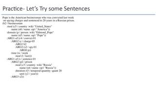 Prac3ce- Let’s Try some Sentences
Pope is the American businessman who was convicted last week
on spying charges and sentenced to 20 years in a Russian prison.
(b2 / businessman
:mod (c5 / country :wiki "United_States"
:name (n6 / name :op1 "America"))
:domain (p / person :wiki "Edmond_Pope"
:name (n5 / name :op1 "Pope"))
:ARG1-of (c4 / convict-01
:ARG2 (c / charge-05
:ARG1 b2
:ARG2 (s2 / spy-01
:ARG0 p))
:time (w / week
:mod (l / last)))
:ARG1-of (s / sentence-01
:ARG2 (p2 / prison
:mod (c3 / country :wiki "Russia"
:name (n4 / name :op1 "Russia"))
:duration (t3 / temporal-quantity :quant 20
:unit (y2 / year)))
:ARG3 s2))
 