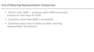 End of Meaning Representation Comparison
• What’s next: UMR — proposal within AMR-connected
scholars on next steps for AMR.
• QuesHons about how AMR is annotated?
• QuesHons about how it relates to other meaning
representaHon formalisms?
 