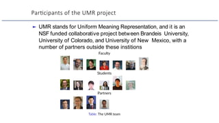 ParHcipants of the UMR project
► UMR stands for Uniform Meaning Representation, and it is an
NSF funded collaborative project between Brandeis University,
University of Colorado, and University of New Mexico, with a
number of partners outside these institions
 