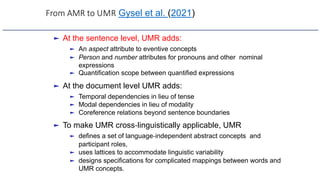 From AMR to UMR Gysel et al. (2021)
► At the sentence level, UMR adds:
► An aspect attribute to eventive concepts
► Person and number attributes for pronouns and other nominal
expressions
► Quantification scope between quantified expressions
► At the document level UMR adds:
► Temporal dependencies in lieu of tense
► Modal dependencies in lieu of modality
► Coreference relations beyond sentence boundaries
► To make UMR cross-linguistically applicable, UMR
► defines a set of language-independent abstract concepts and
participant roles,
► uses lattices to accommodate linguistic variability
► designs specifications for complicated mappings between words and
UMR concepts.
 