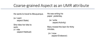Coarse-grained Aspect as an UMR attribute
He wants to travel to Albuquerque.
(w / want
:aspect State)
She rides her bike to
work.
(r / ride
:aspect Habitual)
He was writing his
paper yesterday.
(w / write
:aspect Activity)
Mary mowed the lawn for thirty
minutes.
(m / mow
:aspect Endeavor)
 