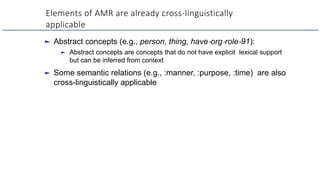 Elements of AMR are already cross-linguistically
applicable
► Abstract concepts (e.g., person, thing, have-org-role-91):
►...