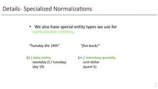 Details- Specialized Normaliza3ons
• We also have special entity types we use for
normalizable entities.
4
8
(d / date-ent...