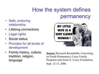 How the system defines
permanency
• Safe, enduring
relationship
• Lifelong connections
• Legal rights
• Social status
• Provides for all levels of
development
• Family history, culture,
tradition, religion,
language
Source: Research Roundtable: Convening
on Youth Permanence, Casey Family
Programs and Annie E. Casey Foundation,
Sept. 12-13, 2006.
 