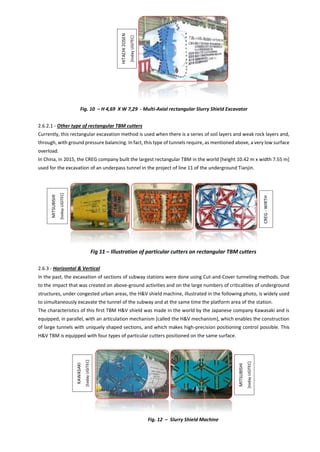 Fig. 10 – H 4,69 X W 7,29 - Multi-Axial rectangular Slurry Shield Excavator
2.6.2.1 - Other type of rectangular TBM cutters
Currently, this rectangular excavation method is used when there is a series of soil layers and weak rock layers and,
through, with ground pressure balancing. In fact, this type of tunnels require, as mentioned above, a very low surface
overload.
In China, in 2015, the CREG company built the largest rectangular TBM in the world [height 10.42 m x width 7.55 m]
used for the excavation of an underpass tunnel in the project of line 11 of the underground Tianjin.
Fig 11 – Illustration of particular cutters on rectangular TBM cutters
2.6.3 - Horizontal & Vertical
In the past, the excavation of sections of subway stations were done using Cut-and-Cover tunneling methods. Due
to the impact that was created on above-ground activities and on the large numbers of criticalities of underground
structures, under congested urban areas, the H&V shield machine, illustrated in the following photo, is widely used
to simultaneously excavate the tunnel of the subway and at the same time the platform area of the station.
The characteristics of this first TBM H&V shield was made in the world by the Japanese company Kawasaki and is
equipped, in parallel, with an articulation mechanism [called the H&V mechanism], which enables the construction
of large tunnels with uniquely shaped sections, and which makes high-precision positioning control possible. This
H&V TBM is equipped with four types of particular cutters positioned on the same surface.
Fig. 12 – Slurry Shield Machine
HITACHI
ZOSEN
[today
UGITEC]
CREG
-
WIRTH
MITSUBISHI
[today
UGITEC]
KAWASAKI
[today
UGITEC]
MITSUBISHI
[today
UGITEC]
 