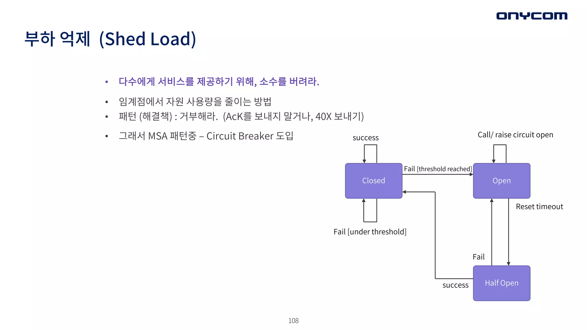 108
부하 억제 (Shed Load)
• 다수에게 서비스를 제공하기 위해, 소수를 버려라.
• 임계점에서 자원 사용량을 줄이는 방법
• 패턴 (해결책) : 거부해라. (AcK를 보내지 말거나, 40X 보내기)
• 그래서 MSA 패턴중 ‒ Circuit Breaker 도입
Closed Open
Half Open
success
Fail [threshold reached]
Fail
Call/ raise circuit open
Reset timeout
success
Fail [under threshold]
 