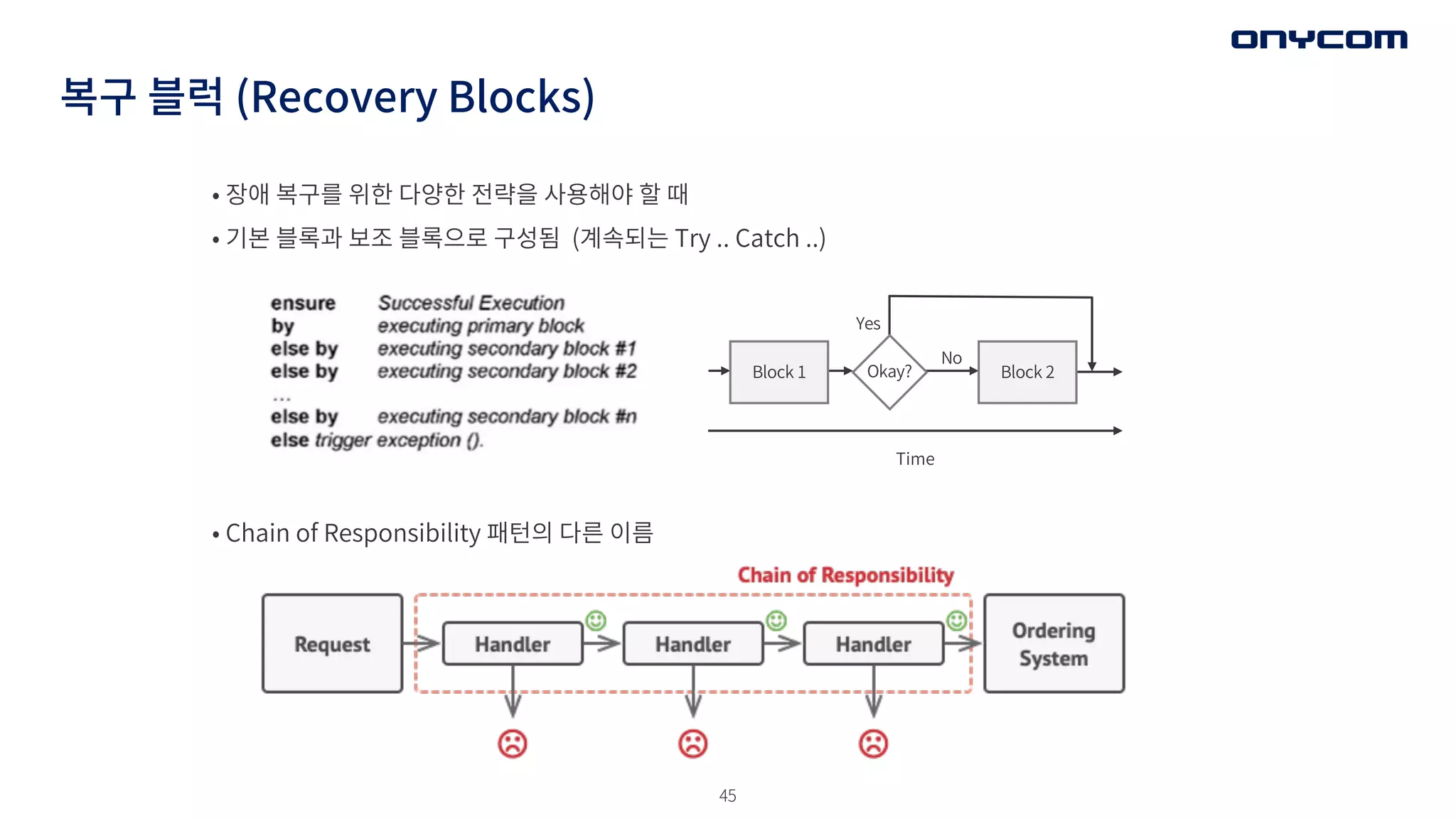 45
복구 블럭 (Recovery Blocks)
• 장애 복구를 위한 다양한 전략을 사용해야 할 때
• 기본 블록과 보조 블록으로 구성됨 (계속되는 Try .. Catch ..)
Block 1 Block 2
Time
Okay?
Yes
No
• Chain of Responsibility 패턴의 다른 이름
 