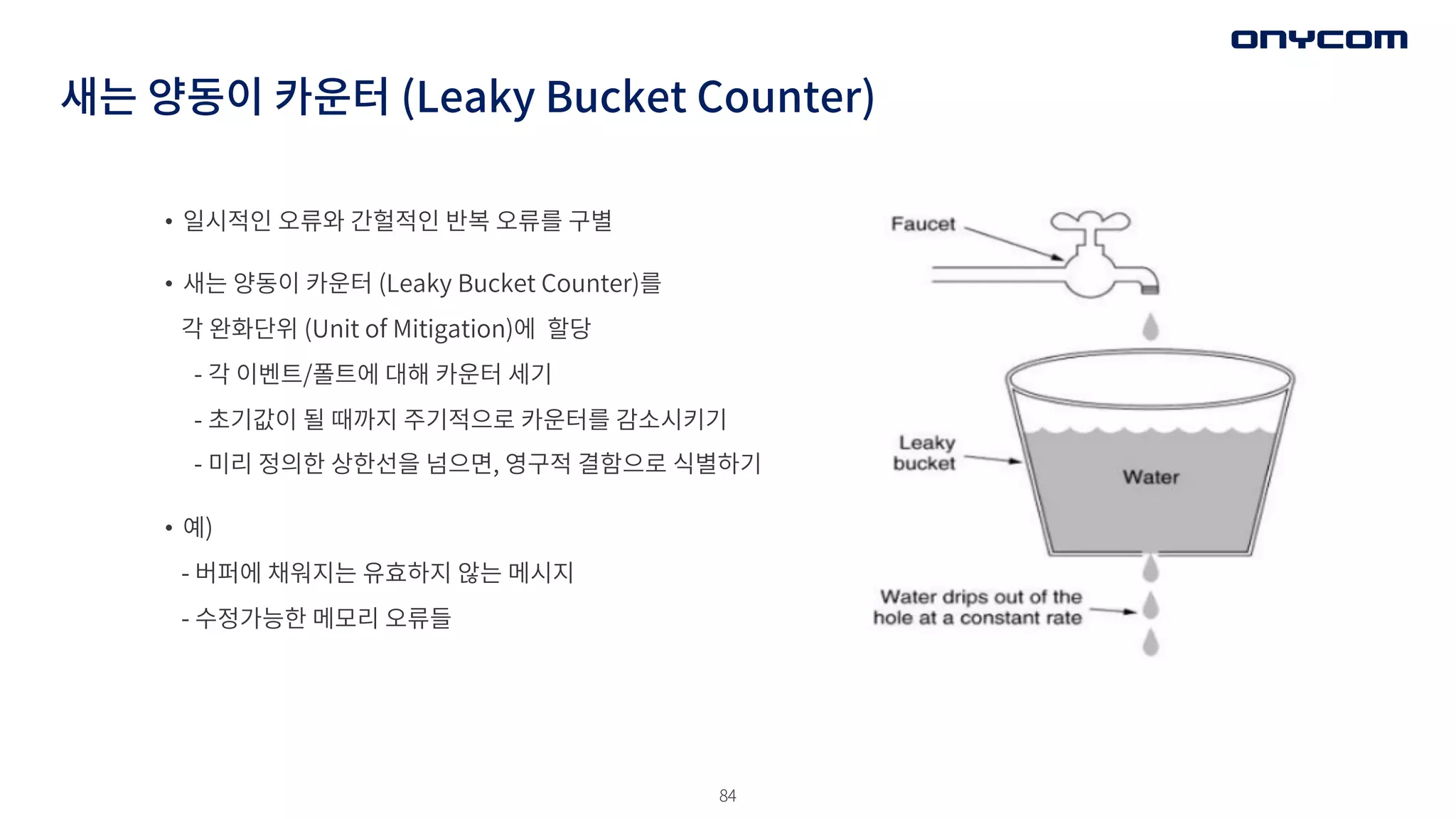 84
새는 양동이 카운터 (Leaky Bucket Counter)
• 일시적인 오류와 간헐적인 반복 오류를 구별
• 새는 양동이 카운터 (Leaky Bucket Counter)를
각 완화단위 (Unit of Mitigation)에 할당
- 각 이벤트/폴트에 대해 카운터 세기
- 초기값이 될 때까지 주기적으로 카운터를 감소시키기
- 미리 정의한 상한선을 넘으면, 영구적 결함으로 식별하기
• 예)
- 버퍼에 채워지는 유효하지 않는 메시지
- 수정가능한 메모리 오류들
 